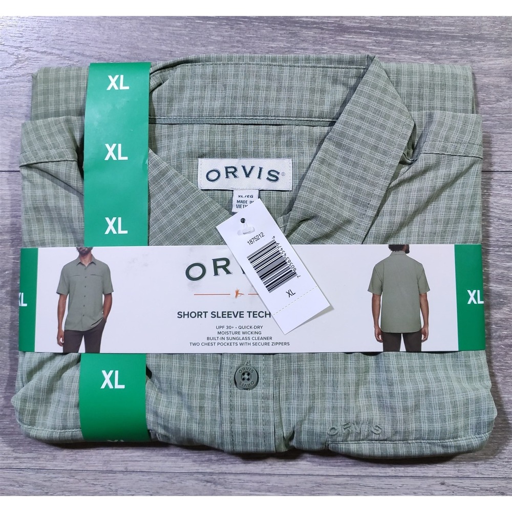 Orvis Shirt Adult X-Large Green Plaid Button Up Short Sleeve Tech Shirt Mens
